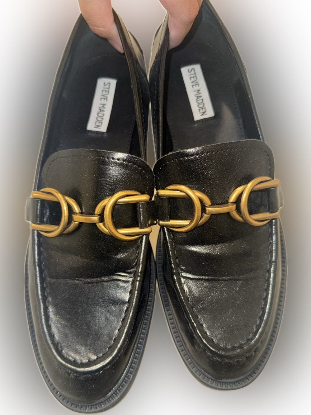 Steve Madden Sheyla Black Leather Loafers with Gold Link Detail